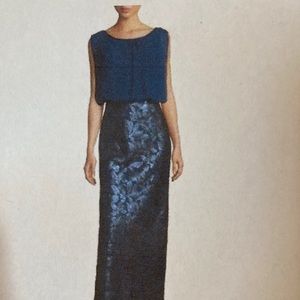 Navy blue chiffon and lace gown by Aidan Mattox